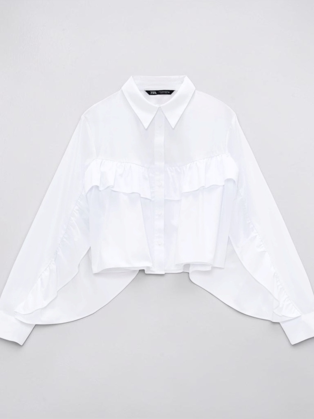 Zara White Cropped Ruffle Button-Down Shirt Women's Medium